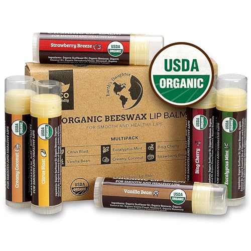 Earth's Daughter USDA Organic Lip Balm 6-Pack - Moisturizing, Non-GMO, Beeswax, Fruit Flavors