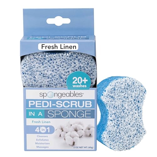 Spongeables Pedi Scrub Exfoliator - Hydrating Foot Care, Fresh Linen Scent - 20+ Wash Sponge