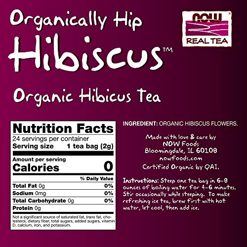 NOW Foods Organic Hip Hibiscus Tea - Tart Flavor, Caffeine-Free, Non-GMO - 24 Unbleached Bags