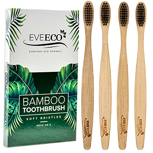 EveEco Bamboo Toothbrushes - Charcoal Bristles for Sensitive Gums, Biodegradable - 4 Count