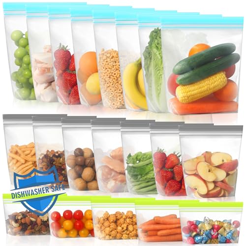 Lerine Reusable Food Storage Bags - Leakproof, Dishwasher & Microwave Safe - 20 Pack, 8 Gallon