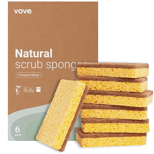 Vove Premium Natural Kitchen Sponge - Non-Scratch, Long-Lasting, Compostable - 6 Pack