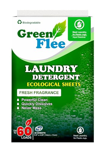 Green Flee Laundry Detergent Sheets - Powerful Cleaning, Biodegradable, 60 Loads - Compact Design