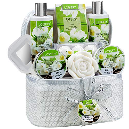 Lovery Bath & Body Gift Set - Calming White Jasmine, 14-Piece Spa Bundle, Travel Bag Included