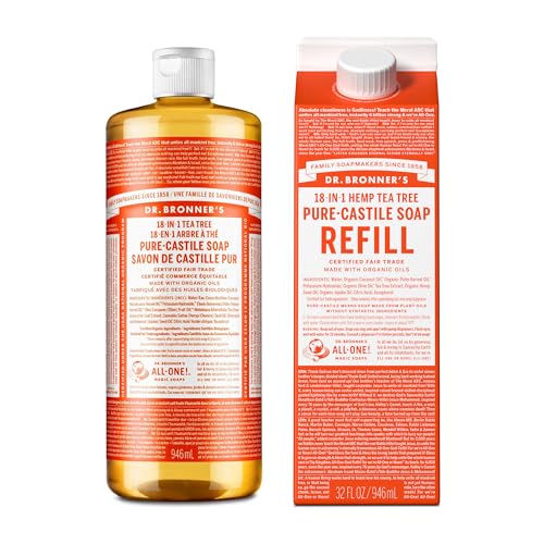 Dr. Bronner's Pure-Castile Liquid Soap - Organic & Vegan, 82% Less Plastic, 32oz (Tea Tree)