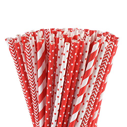 ALINK Biodegradable Paper Straws Set - 100 Durable Straws for Parties, 4 Fun Designs - 7.75"