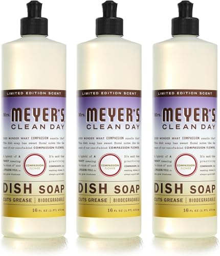 Mrs. Meyer's Liquid Dish Soap - Cuts Grease, Plant-Derived, Cruelty-Free, 16 fl. oz - Pack of 3