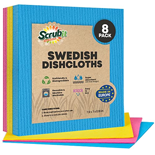 SCRUBIT Swedish Dishcloths - Ultra Absorbent, Compostable, Odor-Free - 8 Pack Assorted Colors