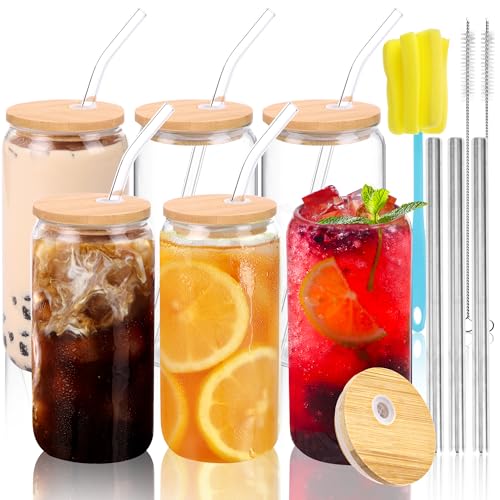 Moretoes Drinking Glass Set - 16oz Borosilicate Cups with Bamboo Lids & Straws, 6pcs