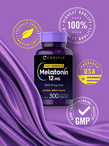 Carlyle Melatonin Sleep Supplement - Fast Dissolve 12mg, Natural Berry Flavor, 300 Tablets