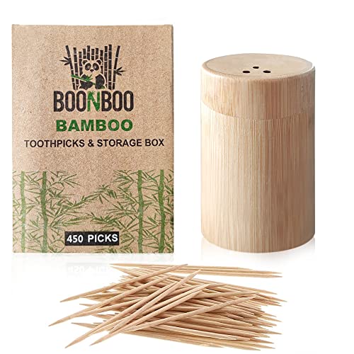 BOONBOO Bamboo Toothpicks with Holder - Double-Sided, 450 Count, FSC Certified, Travel-Friendly