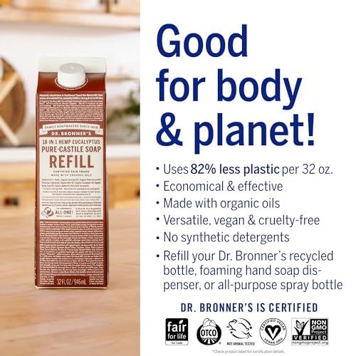 Dr. Bronner's Pure-Castile Liquid Soap - Organic, Non-GMO, Versatile Uses, 82% Less Plastic - 32oz