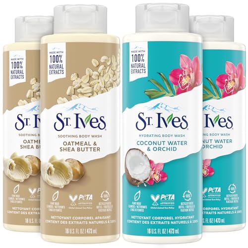 St. Ives Body Wash Variety Pack - Hydrating & Soothing Natural Extracts - 16 Oz (4 Pack)