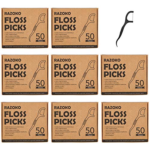 Natural Dental Floss Picks - Tough Charcoal, Vegan, Plant-Based, 400 Count