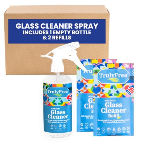 Truly Free Natural Glass Cleaner - Non-Toxic, Plant-Powered, Refillable - 16oz Bottle + 2 Refills