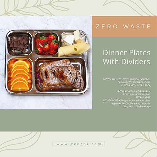 ecozoi Extra Large Stainless Steel Dinner Plates - 5 Compartments, Reusable, Lightweight - Set of 4