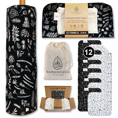 Homeostasis Living Reusable Paper Towels - Organic Cotton, Durable & Washable - 12 Pack