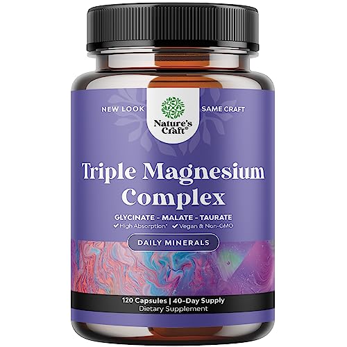 Natures Craft Triple Magnesium Complex - Sleep, Mood, Heart Support, Non-GMO Vegan - 400mg