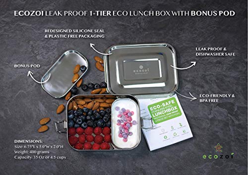 ecozoi Stainless Steel Lunch Box - Leak Proof, BPA Free, Bonus Pod, Dishwasher Safe - 24oz