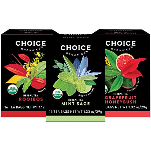 Choice Organics Herbal Tea Sampler - Caffeine-Free Rooibos, Grapefruit, Mint Sage - 48 Bags