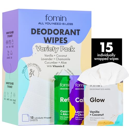 FOMIN Travel Deodorant Wipes - pH Balanced, Hypoallergenic, Plastic-Free, 15 Count Variety Pack