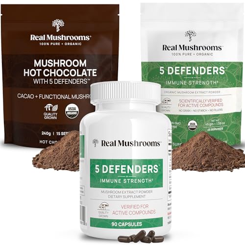 Real Mushrooms Hot Chocolate & 5 Defenders Bundle - Immune Support, Vegan, Gluten-Free - 15srv