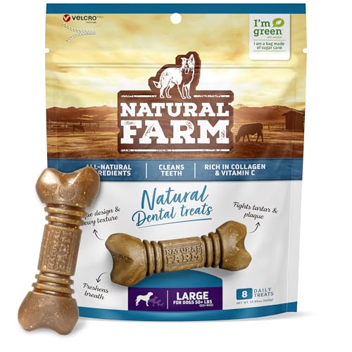 Natural Farm Dog Dental Stick - Fresh Breath, Fight Plaque & Tartar - 8 Chews for Dogs 50+ Lbs