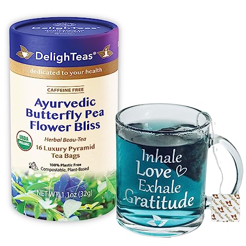 DelighTeas Organic Butterfly Pea Flower Tea - Ayurvedic, Vegan, Caffeine-Free, 15 Pyramid Bags