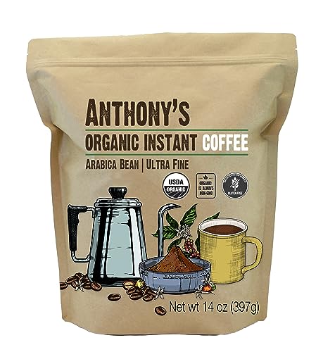 Anthony's Organic Instant Coffee - Plant-Based Energy, Gluten Free, Non-GMO - 14oz Microground