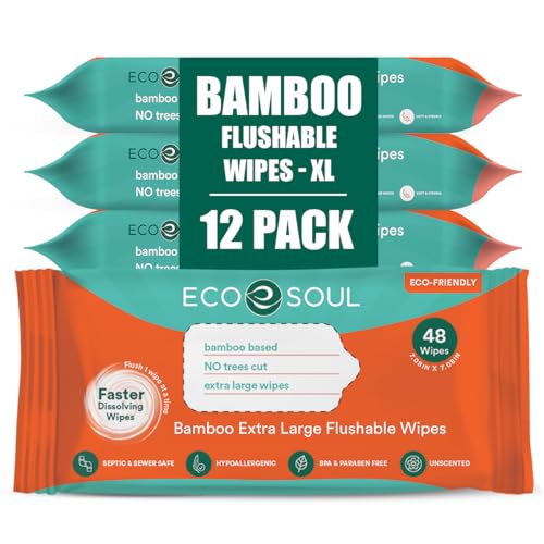 ECO SOUL Bamboo Flushable Adult Wipes - Hypoallergenic, Unscented, 99% Purified Water - 576 Count