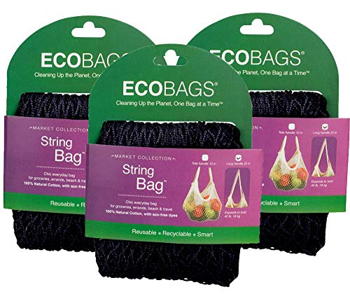 ECOBAGS Reusable String Bag - Biodegradable Cotton, GOTS Certified, Pack of 3, Black