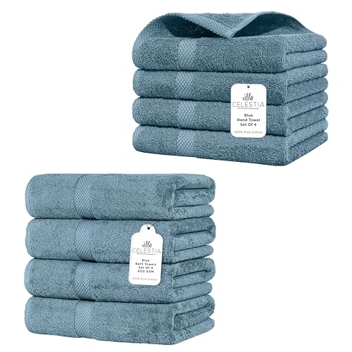 Premium 100% Cotton Towel Set - Ultra Absorbent & Soft, OEKO-TEX Certified - 8 Pack, Blue