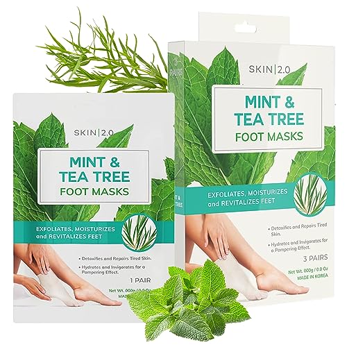 Skin 2.0 Tea Tree & Mint Foot Masks - Moisturizes, Detoxifies & Exfoliates - 3 Pairs