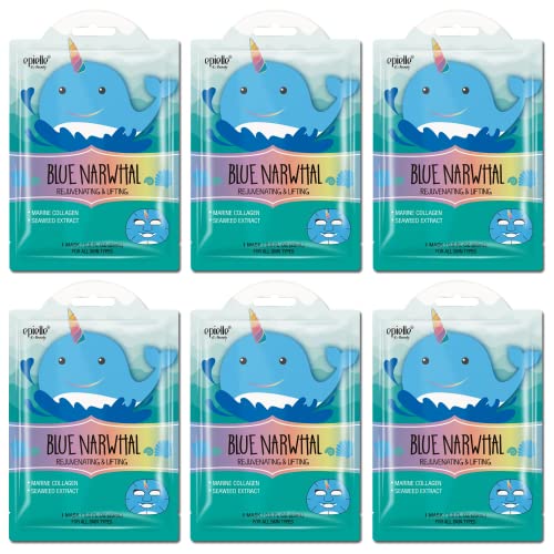 Epielle Character Face Masks - Hydrating Floral Essence, Vegan & Cruelty-Free - Blue Narwhal 6pk