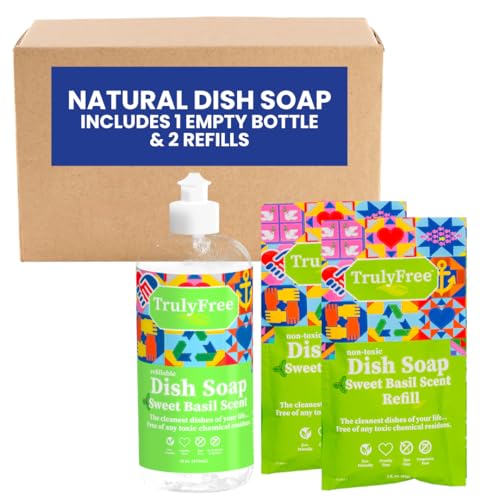 Truly Free Dishwashing Liquid - Plant-Based Cleaning Power, Sweet Basil Aroma - 2 Refill Packs, 16oz