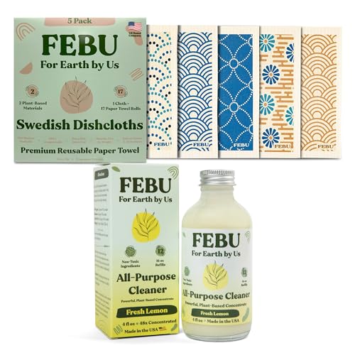 FEBU Cleaning Essentials Set - Powerful All-Purpose Cleaner, Absorbent Dish Towels - 5 Pack