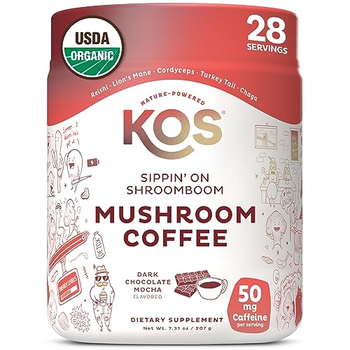 KOS Mushroom Coffee - Dark Chocolate Mocha, 5 Functional Mushrooms, USDA Organic - 10oz