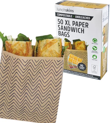 Lunchskins Compostable Food Storage Bags - Microwave-Safe, 50 XL Sandwich Bags, Chevron Design