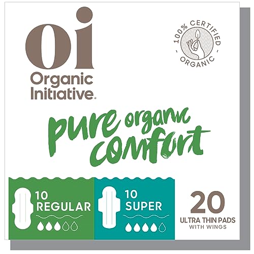 Oi Organic Initiative Feminine Pads - 100% Organic Cotton, Leak-Free, Biodegradable - 20 Count