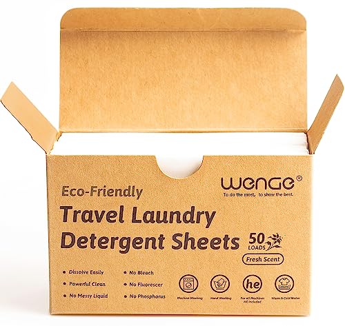 Wenge Travel Laundry Detergent Sheets - Hypoallergenic, Biodegradable, Fresh Scent - 50 Sheets