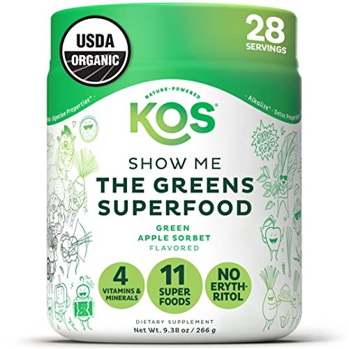 KOS Organic Super Greens Powder - Digestive Support, Non-GMO, Vegan - Apple Flavor, 28 Servings