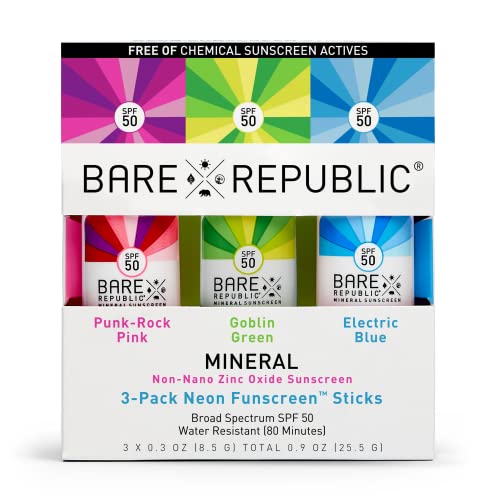 Bare Republic Neon Mineral Sunscreen Sticks - SPF 50 Protection, Vibrant Colors, 0.3oz Each