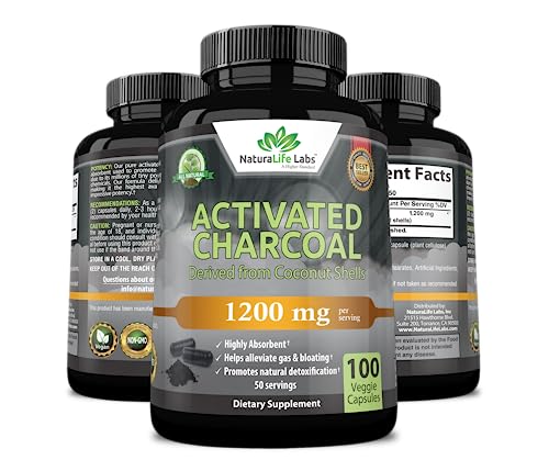 Activated Charcoal Capsules - 1,200 mg for Gas Relief & Detox, Vegan - 100 Count