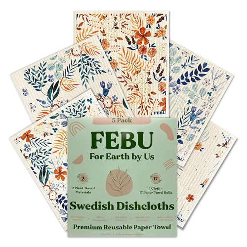 FEBU Swedish Dish Cloths - Highly Absorbent, Biodegradable, Washable - 5 Pack Fresh Flowers