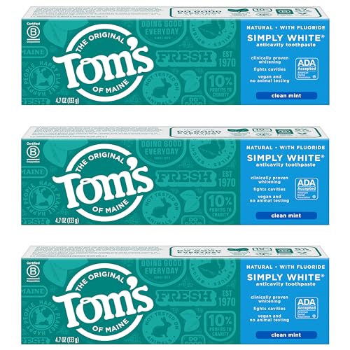 Tom's of Maine Simply White Toothpaste - Natural Stain Removal, ADA Accepted - Clean Mint, 3-Pack