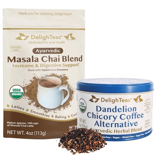 DelighTeas Herbal Coffee & Masala Chai Bundle - Caffeine Free, Vegan, USDA Organic - 12oz