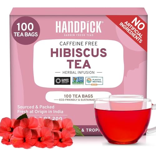 HANDPICK Hibiscus Tea Bags - Caffeine-Free, Antioxidant-Rich, Non-GMO - 100 Bags