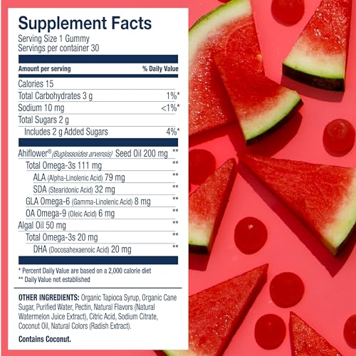 Wiley's Finest Kids Vegan Omega-3 Gummies - DHA, ALA & SDA, Watermelon Flavor - 30 Count