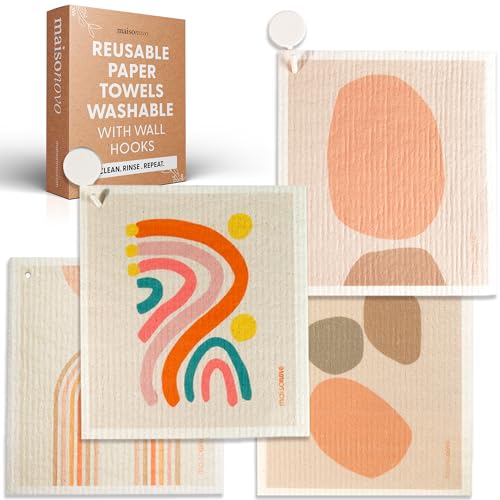 MAISONOVO Reusable Dish Cloths - Highly Absorbent, Quick-Drying, Pack of 4 with Hooks