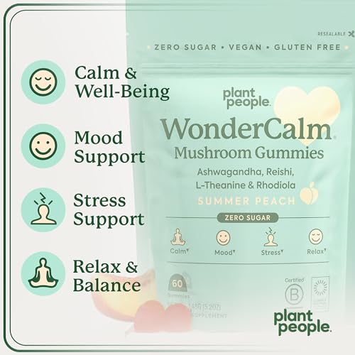 Plant People WonderCalm Mushroom Gummies - Eases Stress, Boosts Mood, Vegan, Peach Flavor - 60 Count